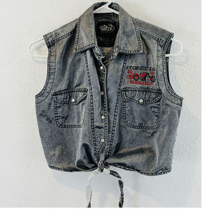 Womens M Biker Design Snap Shirt Sturgis 2015 Silver Crop Tie Front‎ Sleeveless